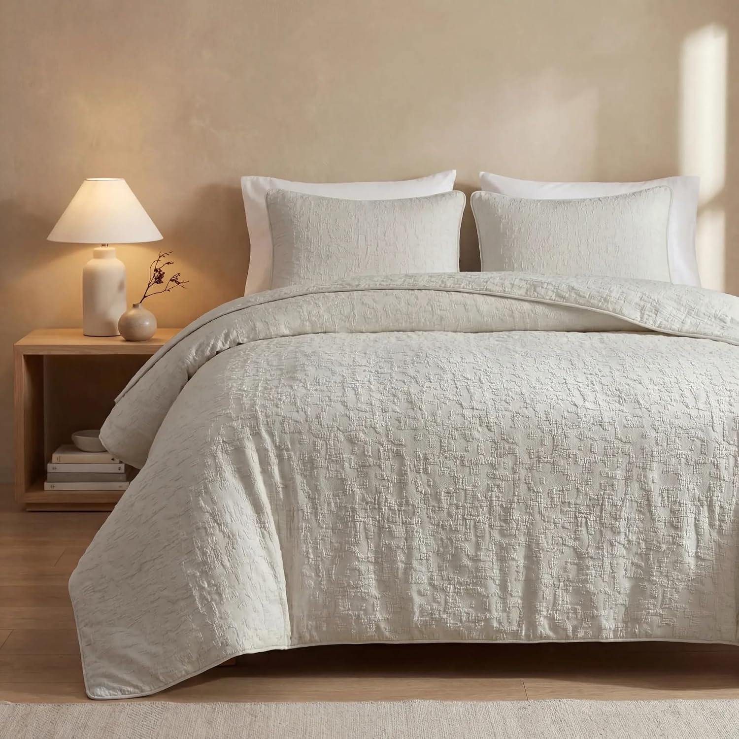 HiEnd Accents Porto Matelassé 3 Piece Duvet Cover Set with Pillow Shams, King Size, Cotton Light Taupe Textured Modern Boho Chic Casual Luxury Bedding, 1 Comforter Cover, 2 Pillowcases