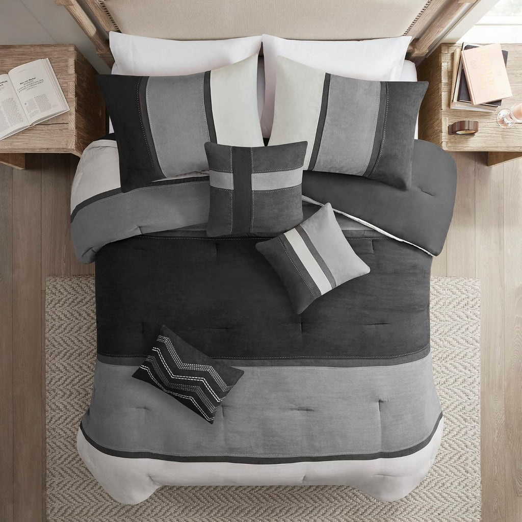 Madison Park Palisades Comforter Set Modern Faux Suede Pieced Stripe Design, All Season Down Alternative Cozy Bedding with Matching Shams, Decorative Pillows, Queen(90'x90'), Black 7 Piece