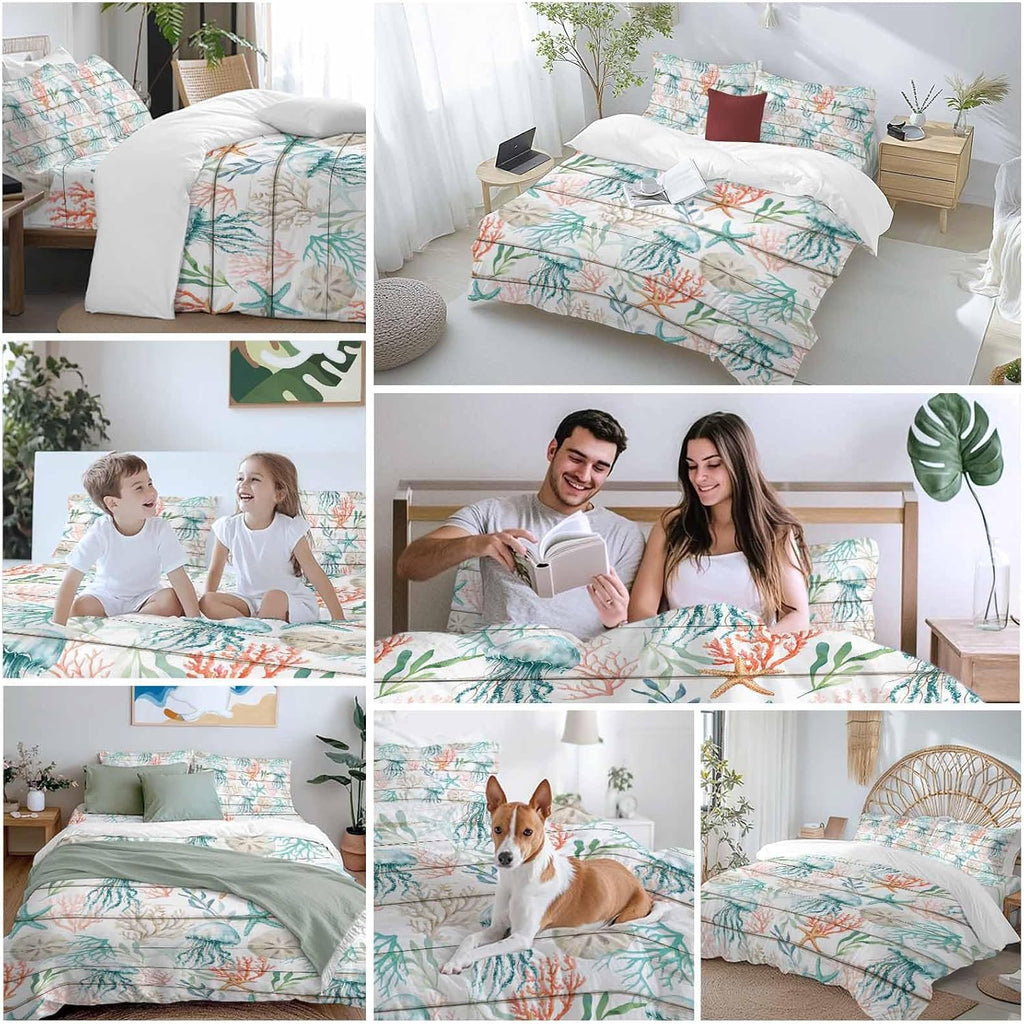 Prime Leader Teal Jellyfish Starfish Duvet Cover Set Queen Size 4 Pieces Summer Beach Coral Shell Board Bedding Set with Zipper Closure, 1 Comforter Cover 90x92 Inches 1 Flat Sheet & 2 Pillow Cases