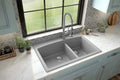 Karran 33 Inch Drop In Double Bowl Kitchen Sink – 60/40 Quartz Composite Granite Top Mount Sink, Deep Basins, 1 Hole with Additional Knockouts, Heat & Scratch Resistant in Grey