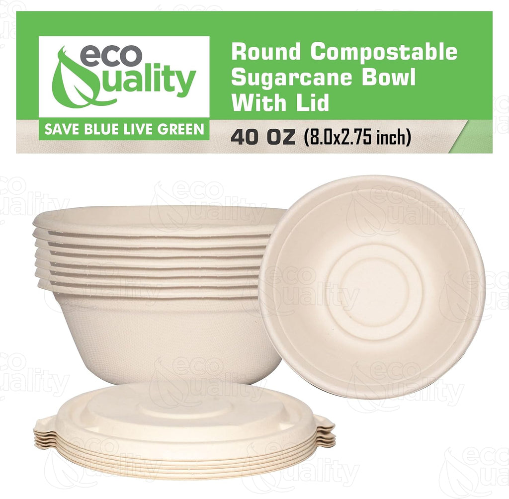 40 oz Round Disposable Compostable Paper Bowls with Fiber Dome Lids - Heavy Duty, Eco-Friendly Natural Sugarcane Bagasse, Heat Resistant, 100% Biodegradable Salad Bowls Alternative to Plastic (150)