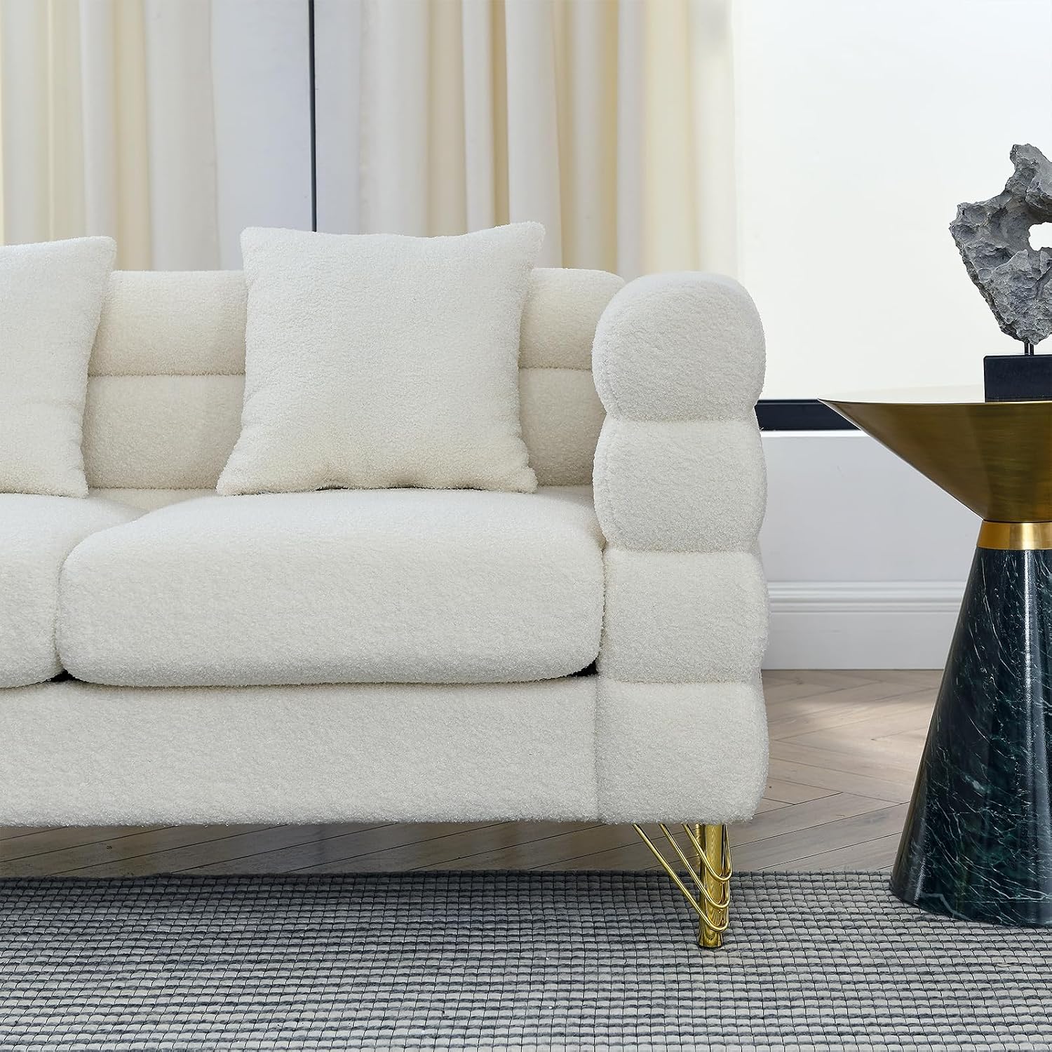 Chesterfield Velvet Button Tufted Sofa, 81'&60' Boucle Comfy Cloud Couch Upholstered Deep 5 Seater Sectional Sherpa Couch Set for Living Room Home Office Bedroom Apartment, White