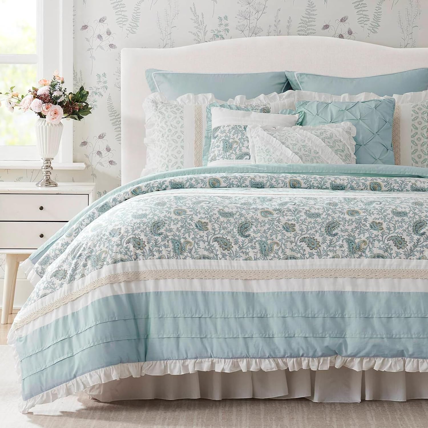 Madison Park Dawn 100% Cotton Shabby Chic Comforter Set-Modern Cottage Design All Season Down Alternative Bedding, Matching Shams, Bedskirt, Decorative Pillows, Cal King(104'x92'), Aqua 9 Piece