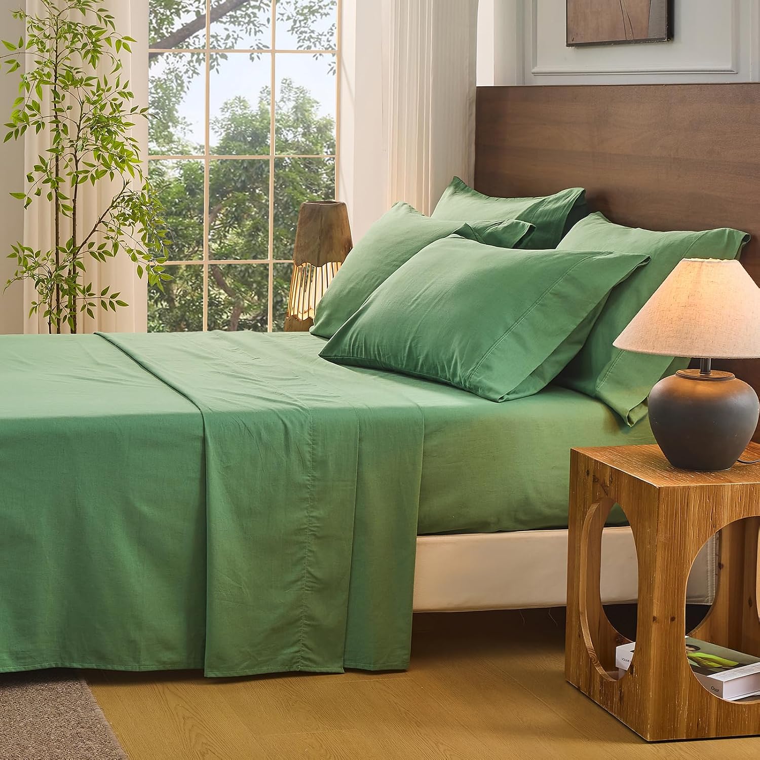 Bedlifes 100% French Flax Linen Sheets Set King Size - 6 Piece Extra Deep Pocket 18-24',Soft Breathable King Bed Sheets with Temperature Regulating & Moisture-Wicking(Sage Green