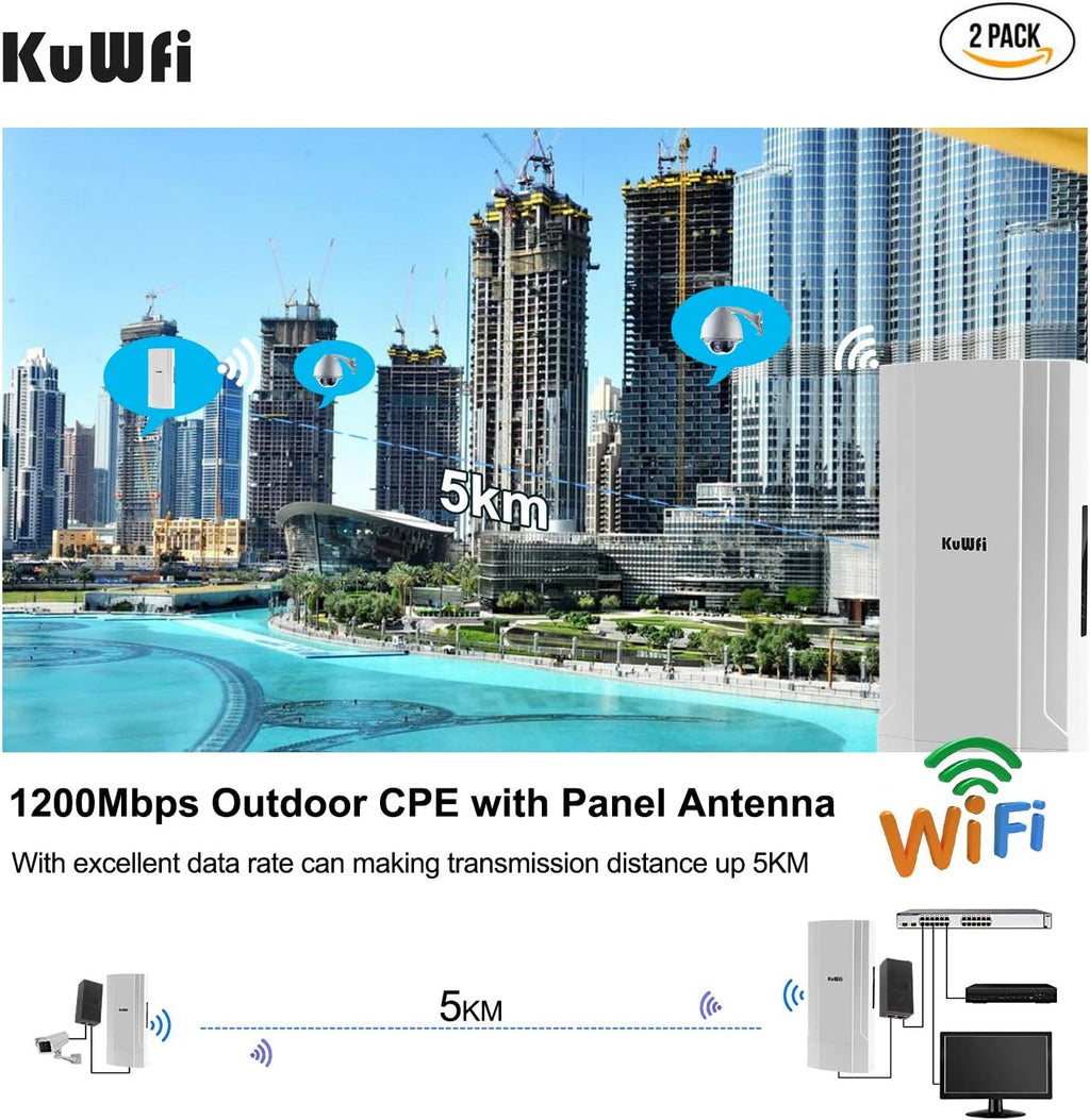 KuWFi Gigabit Wireless Bridge, 1200Mbps WiFi Bridge Point to Point Outdoor, 2.4&5.8G Long Range WiFi Bridge CPE with Panel Antenna Up to 5KM with 48V PoE Power[2-Pack]
