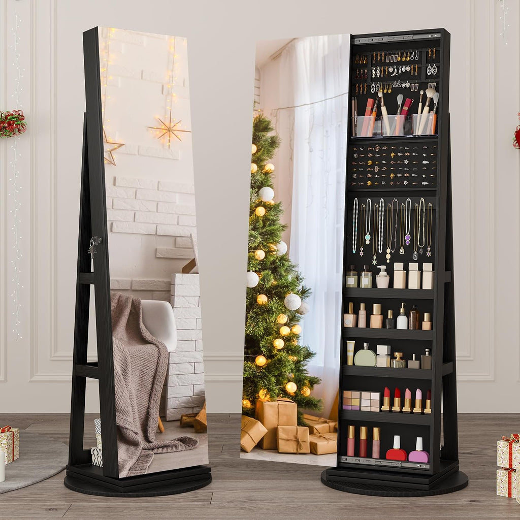 LVSOMT 360° Swivel Jewelry Cabinet with Full Length Mirror and Sliding Door, 63' Large Jewelry Armoire with Lock and Rear Shelves, Floor Standing Mirror with Storage for Bedroom Cloakroom, Black