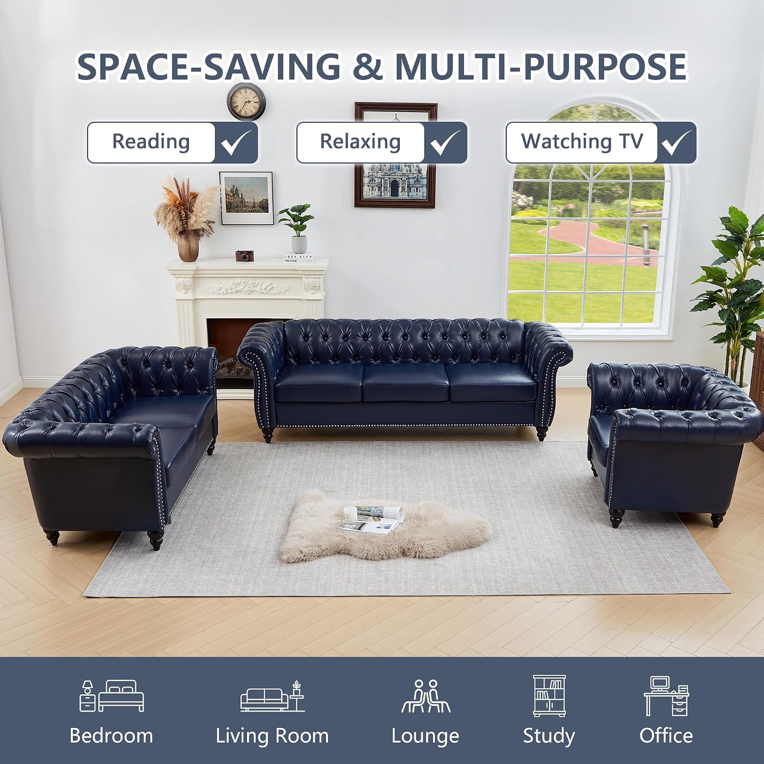 QHITTY 3 Piece Living Room Set, Sectional Chesterfield Sofa Chair Contemporary Upholstered Artificial Leather Loveseat Couch Sets for Living Room, Bedroom, Office (Blue)