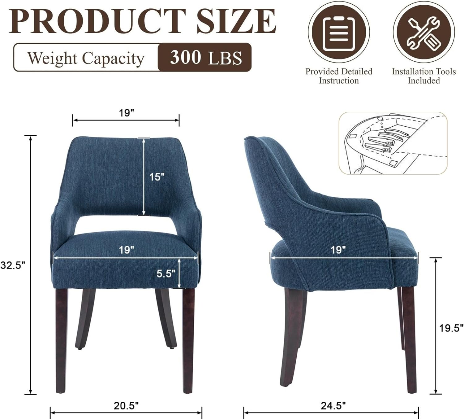 Upholstered Dining Chairs with Arms Set of 6, Linen Fabric Soft Padded Dining Room Chairs, Solid Wood Kitchen Armchairs for Kitchen/Dining/Living Room, Blue