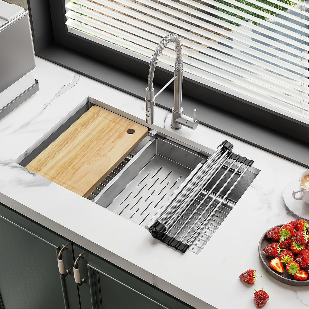 YITAHOME Kitchen Sink Undermount Workstation 32in, 304 Stainless Steel Single Bowl w/Ledge & Accessories, Honeycomb Surface Design, RV, Modern Bar Sink 32x19x10in, Silver