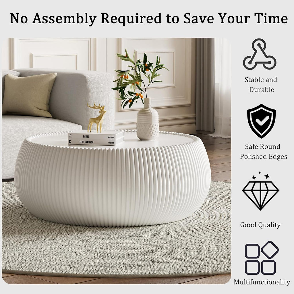 White Round Coffee Table, 27.55' Drum Coffee Table with Sintered Stone Tabletop and Fluted PU Leather Covered and Stable Base, Circle Cocktail Tea Table for Living Room