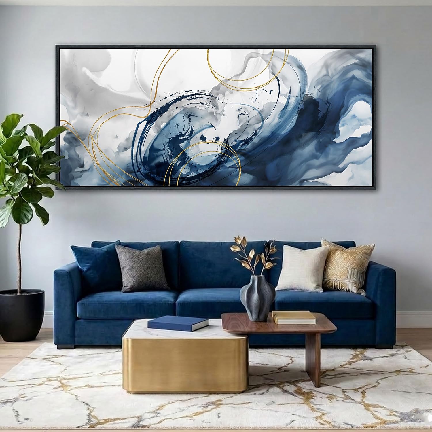 Mofutinpo Blue Abstract Wall Art Large Canvas Wall Decor Modern Home Decor Office Wall Decor Home Decorations for Living Room Navy Blue Minimalist Bedroom Artwork 40×87IN