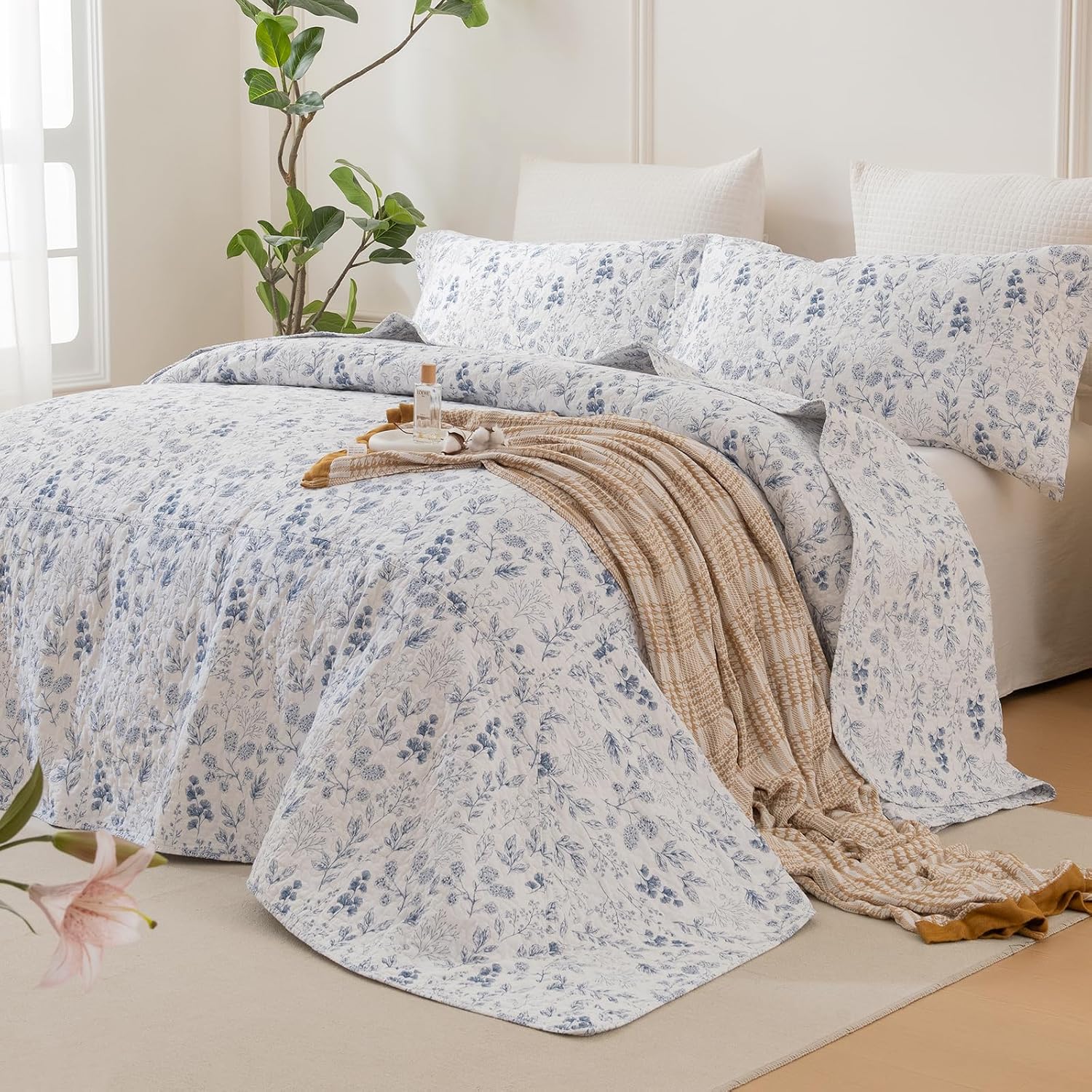 Sanracie Oversized King Bedspread 120'x120', 100% Cotton White and Blue Floral Quilted Bedspread Set 3Pcs Soft Breathable Shabby French Country Chic Vintage Garden Floral Bedding Set for All Season