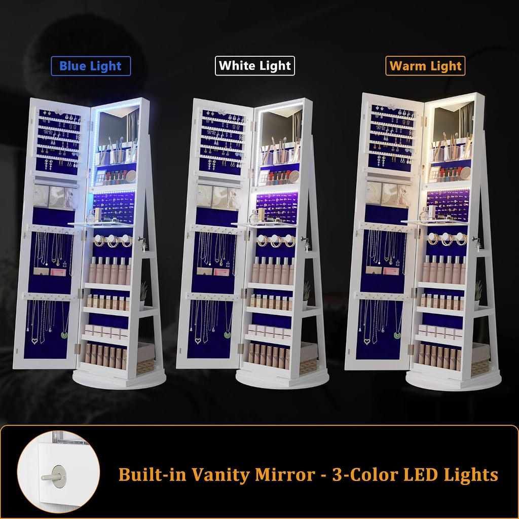 HNEBC LED Light Jewelry Organizer Mirror 360° Rotating, Jewelry Armoire with Door Mirror, Full Length Mirror Jewelry Cabinet, Mirror with Jewelry Storage, Large Jewelry Boxes & Organizers（B_White）