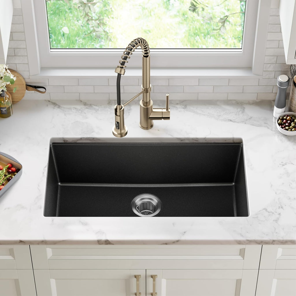 KRAUS Quarza 31-inch Undermount Single Bowl Granite Kitchen Sink in Black Onyx, KGU-413B