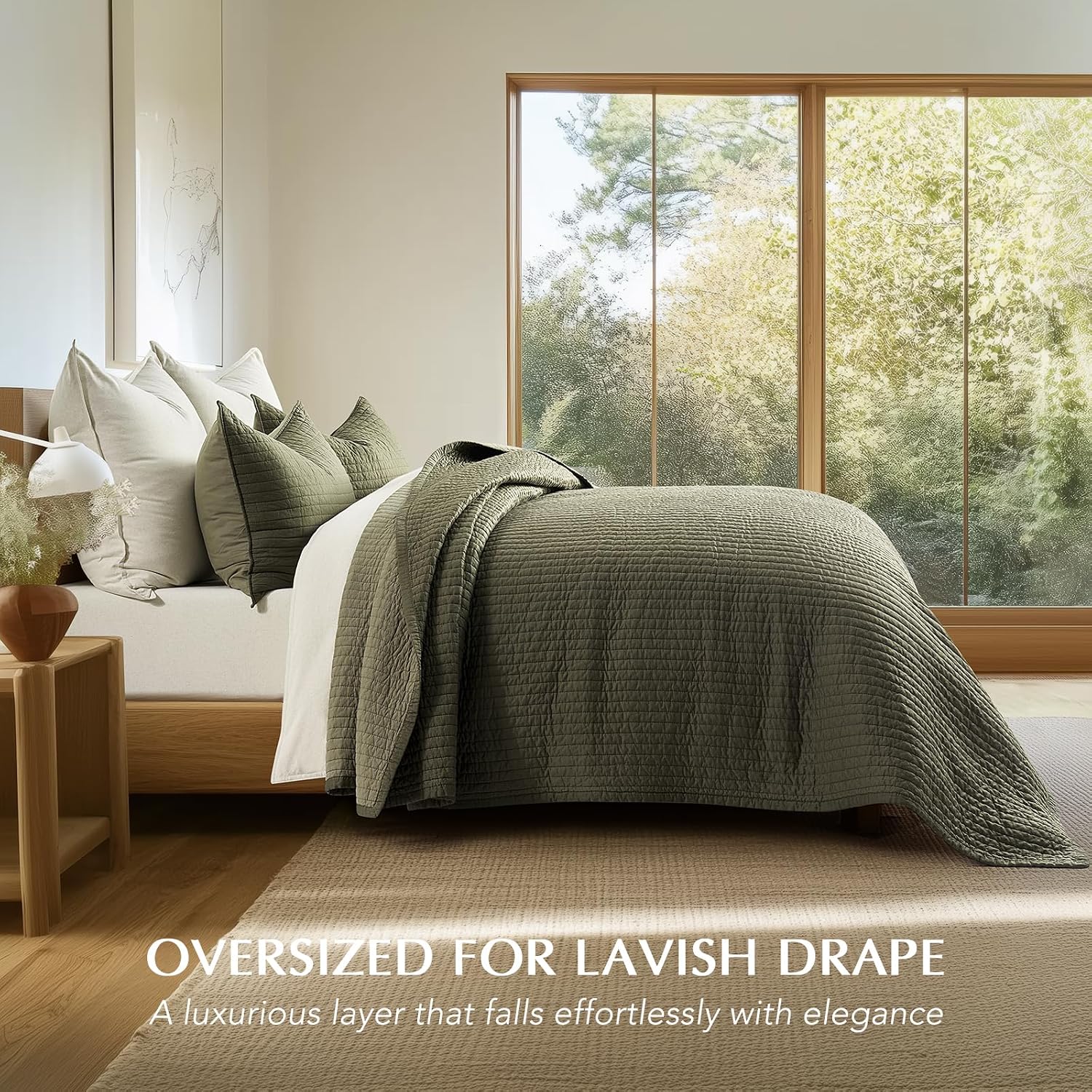 EVERGRACEHOME Cotton Sateen Quilt Set King Size, Pre-Washed Cotton Channel Stitch Coverlet Bedspread, 3 Pieces Lightweight Soft Bedding Sets for All Season, with 2 Pillow Shams, Olive Green