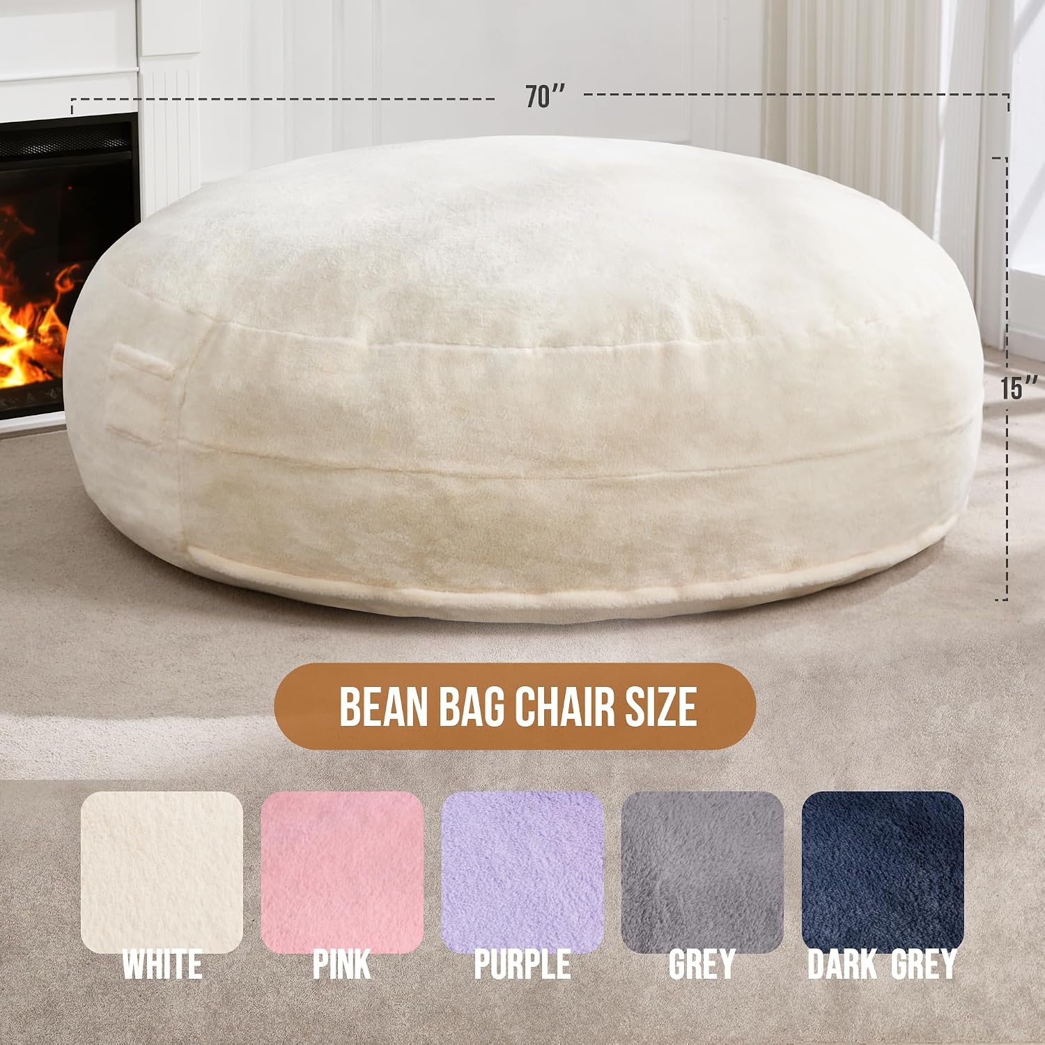 Hobestluk 6ft Bean Bag Chairs for Adults Large Beanbag Chair with Plush Faux Fur Cover Big Bean Bag Chair for Living Room Bedroom Dorm Office - White (70' x 70' x 15')