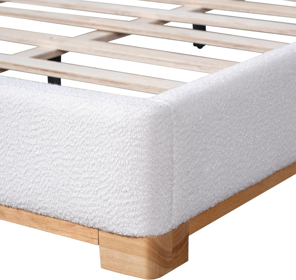 Christopher Knight Home Robey Queen Size Platform Bed Frame, Boucle Fabric Queen Size Bed Frame and Headboard, Modern Queen Bed Set, Wooden Slat Support, No Box Spring Needed, Easy Assembly, White