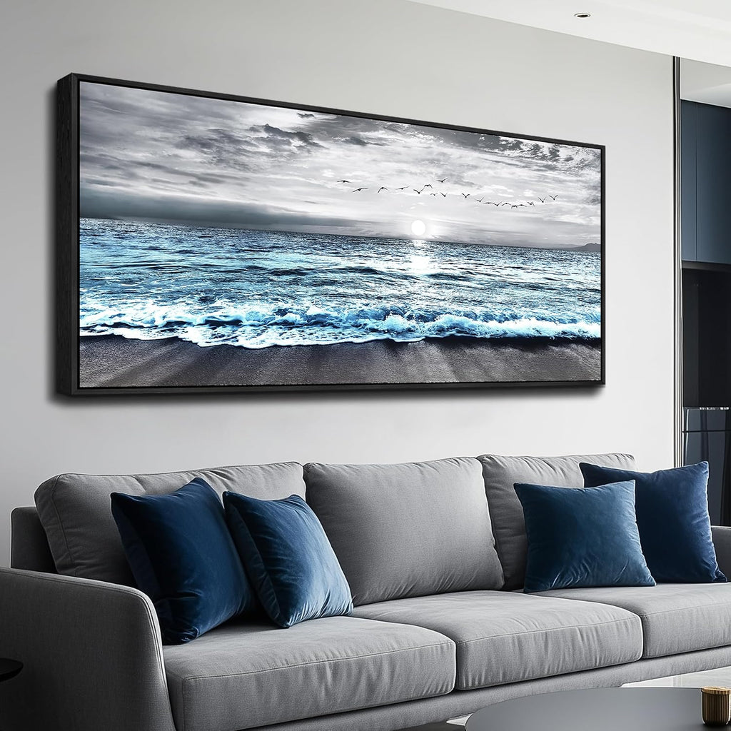Wapluam Framed Wall Art for Bedroom Decor, Beach Canvas Wall Art Large Ocean Sunset Seascape Print, Modern Coastal Landscape Artwork for Living Room Bathroom Home Decor Ready to Hang 32x72 In