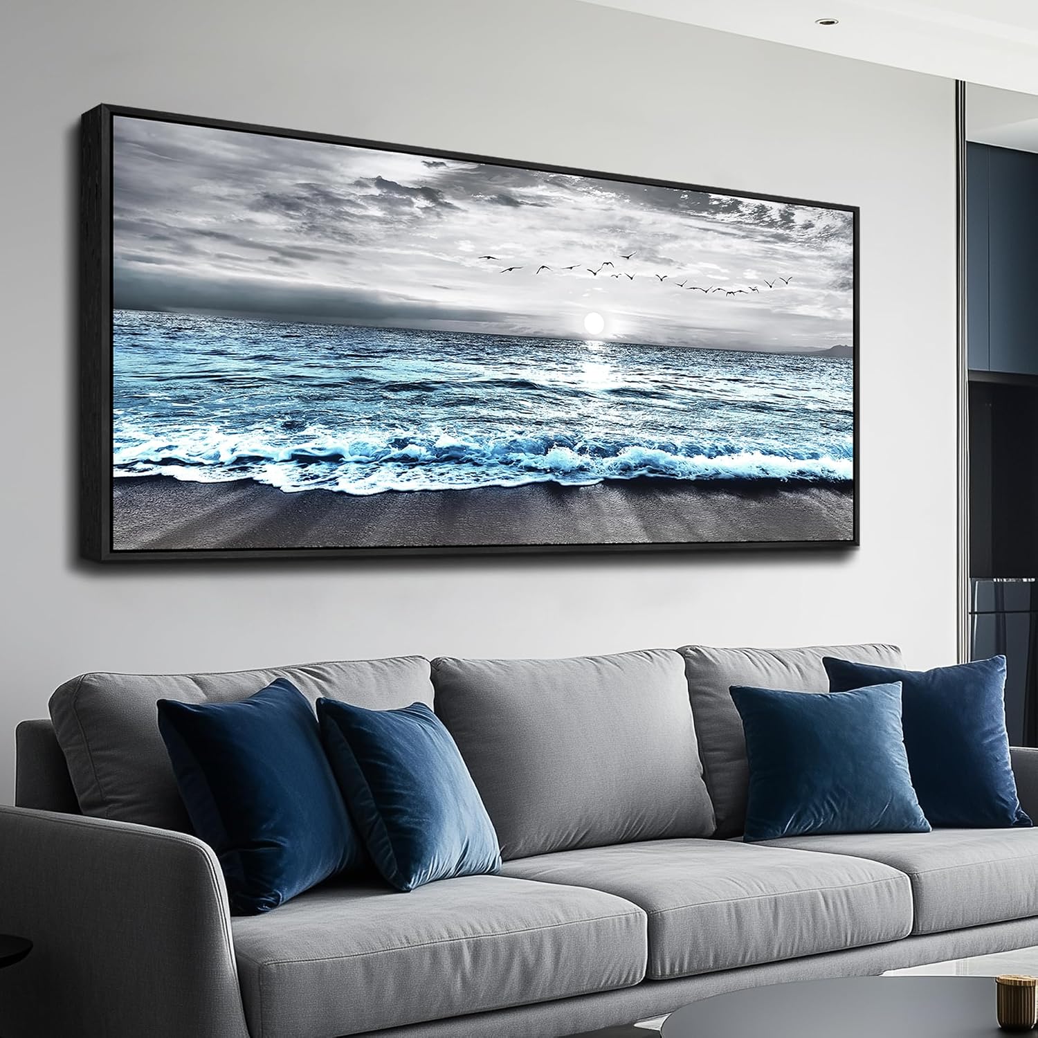 Wapluam Framed Wall Art for Bedroom Decor, Beach Canvas Wall Art Large Ocean Sunset Seascape Print, Modern Coastal Landscape Artwork for Living Room Bathroom Home Decor Ready to Hang 32x72 In
