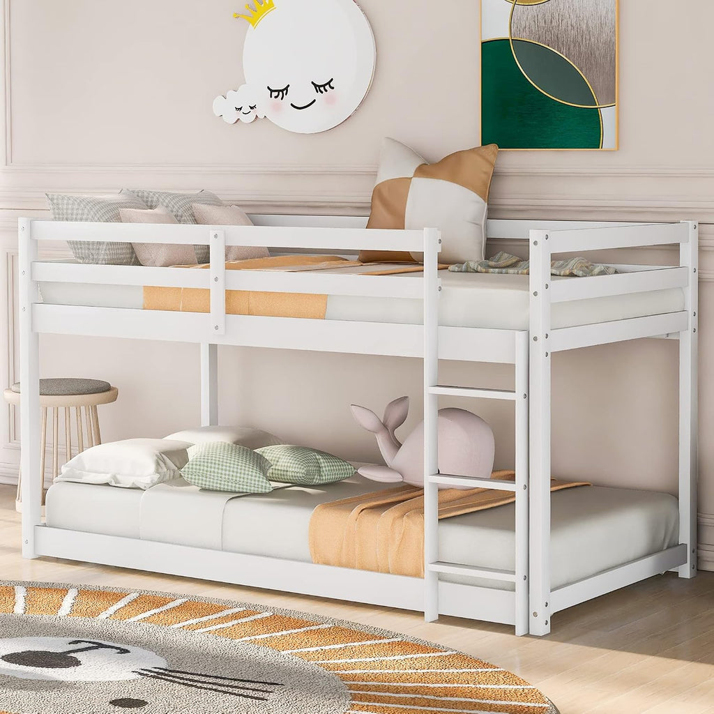 Twin Over Twin Floor Bunk Bed with Ladder,Bed Frame W/Sturdy Slats and Full Length Guardrails,for Bedroom,Apartment,Guest Room,Easy to Assemble,White
