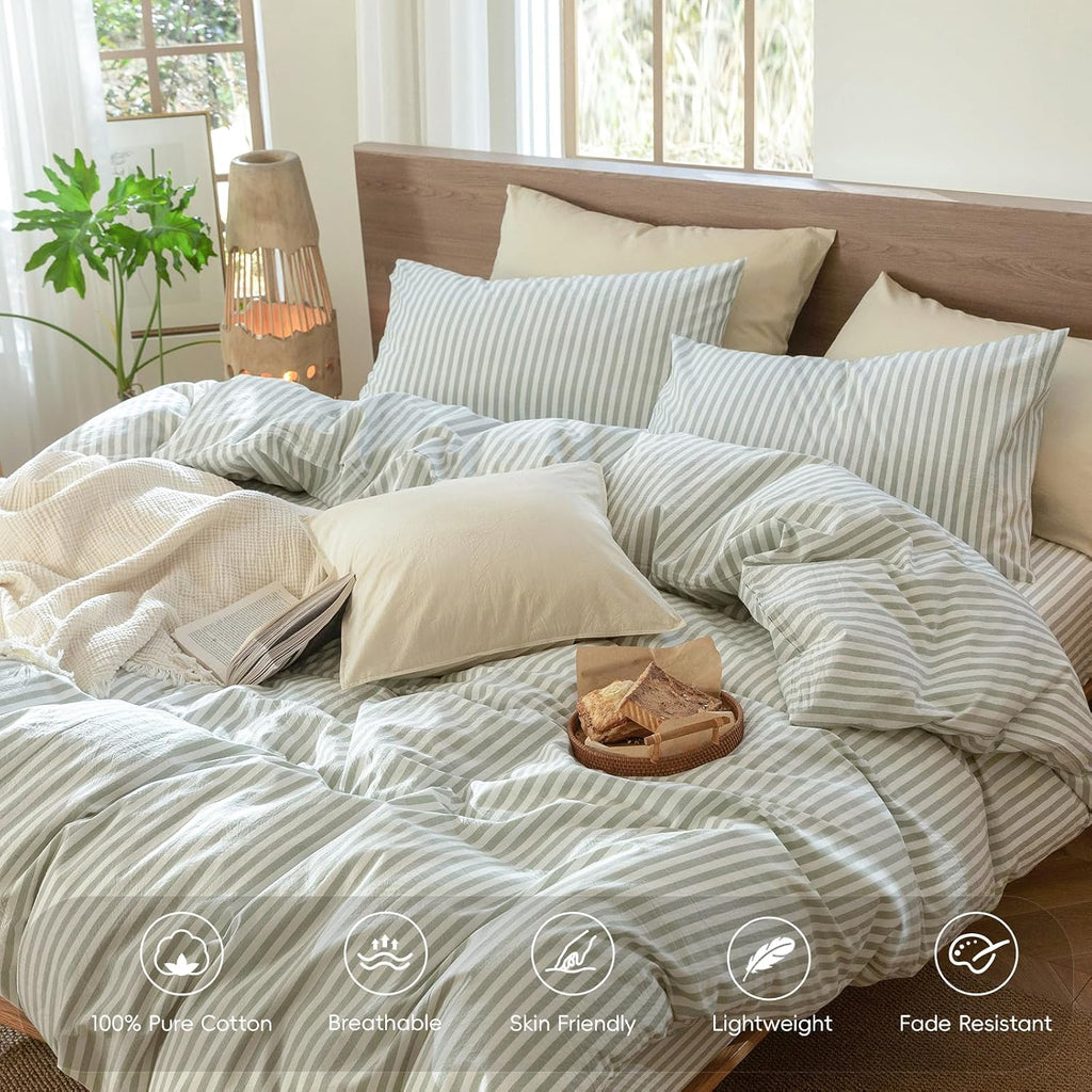 MooMee Striped Duvet Cover Set 100% Washed Cotton Linen Like Textured Breathable Durable Soft Comfy (Sage Green White Classic Stripes, Palatial King/Oversized King 120'x98')