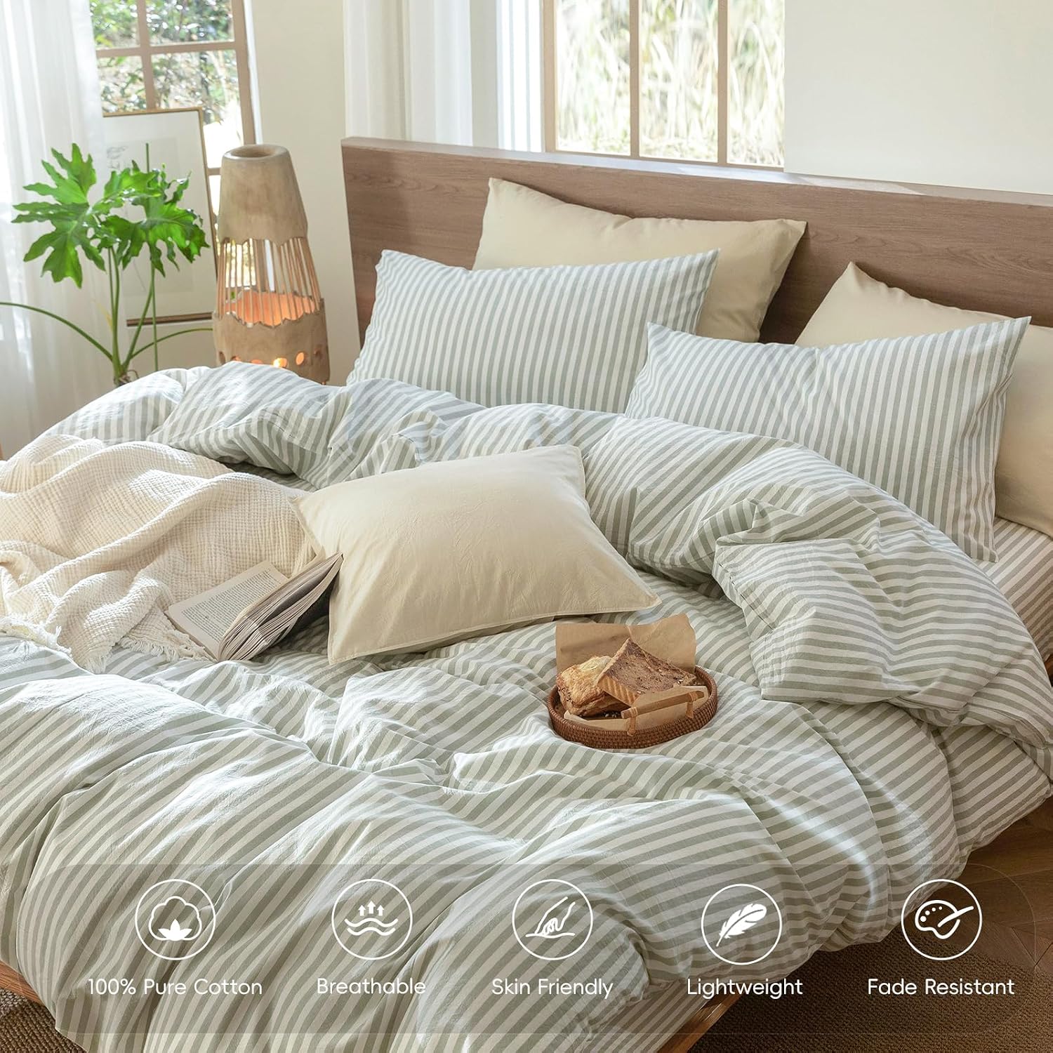 MooMee Striped Duvet Cover Set 100% Washed Cotton Linen Like Textured Breathable Durable Soft Comfy (Sage Green White Classic Stripes, Oversized King Plus 128'x120')