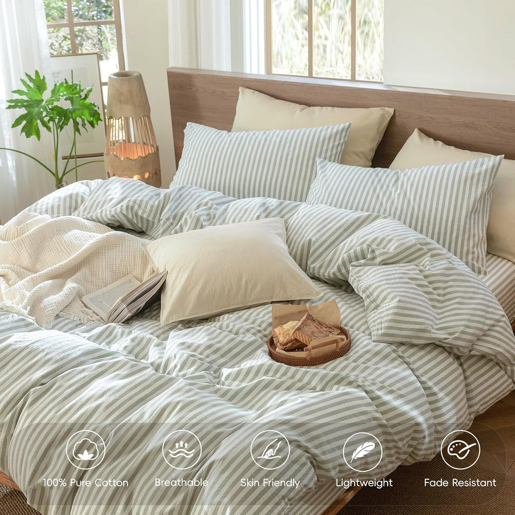 MooMee Striped Duvet Cover Set 100% Washed Cotton Linen Like Textured Breathable Durable Soft Comfy (Sage Green White Classic Stripes, Super King Plus 120'x120')