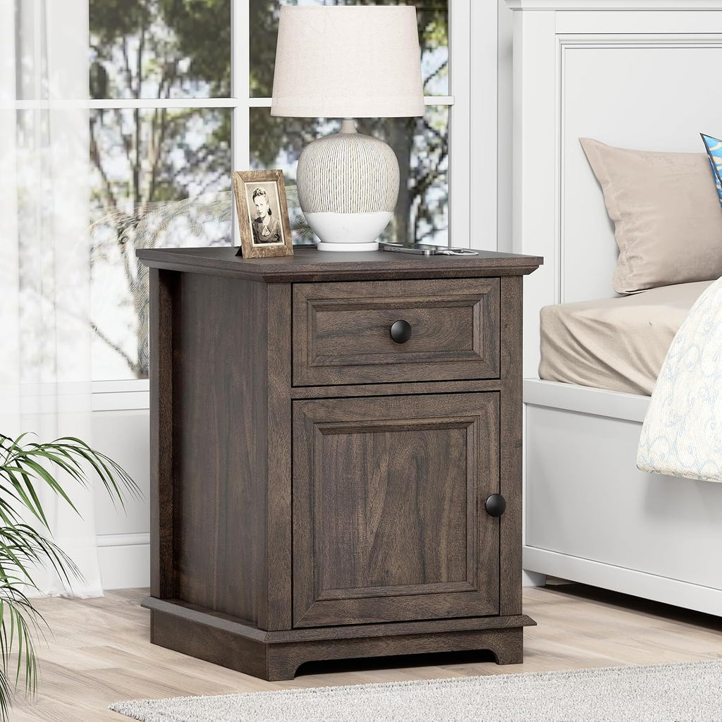 REDAYFUR 24' End Table with Fast Charging Station, Side Table with Drawer, Adjustable Shelf & Large Storage Cabinet, Vintage Wooden Nightstand for Living Room/Bedroom, Rustic Brown