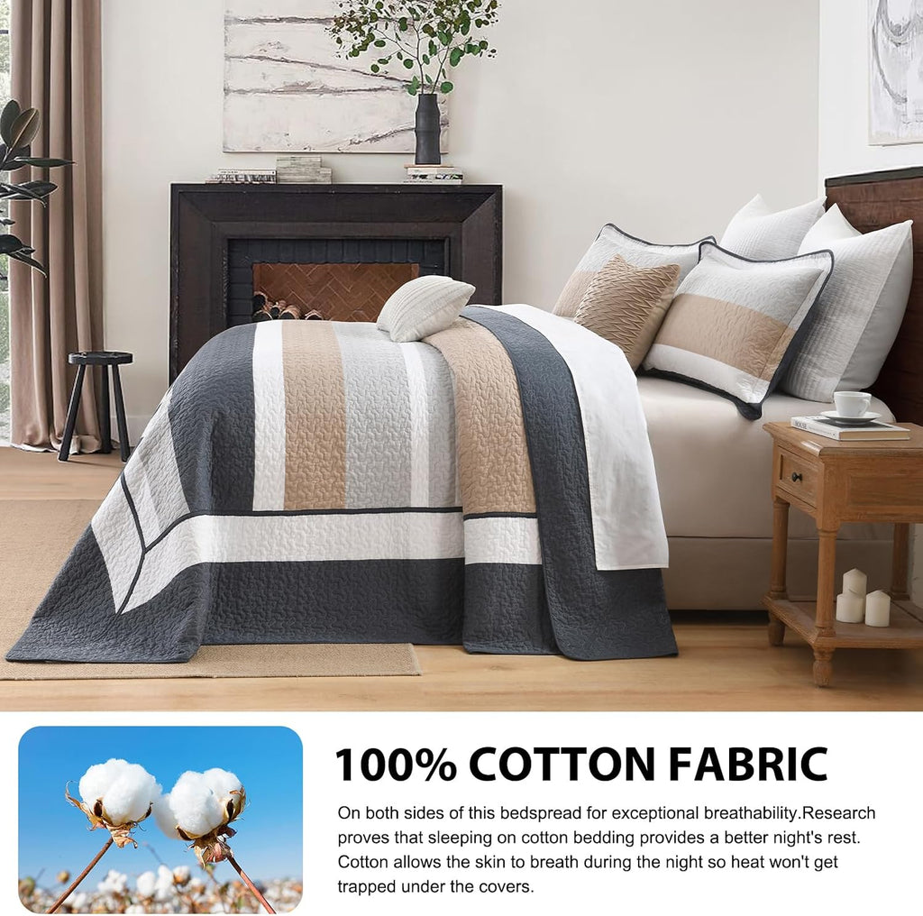 DDUOXIN Oversized King Bedspread 128'W x120'L - 100% Cotton California Quilt with 2 Pillow Shams, Simple Striped Design Lightweight Durable Bedding, Perfect for Modern Bedrooms, Brown/Blue/Gray/White
