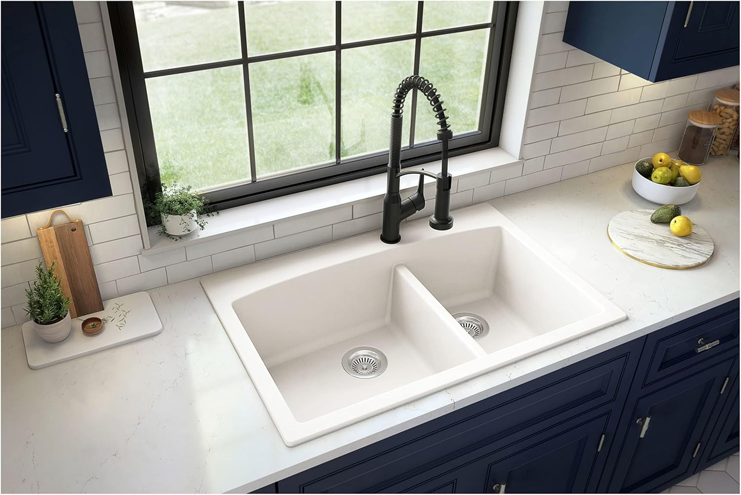 Karran 33-Inch Quartz Composite Drop-In 60/40 Low-Divide Double Bowl Kitchen Sink, Top-Mount, White, Heat & Scratch Resistant, Pre-Drilled Faucet Hole