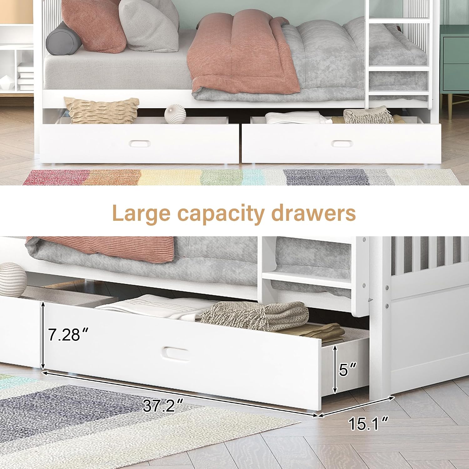 Merax Wood Bunk Bed with Drawers,Convertible Bunk Bed with Ladders and Two Storage Drawers,Solid Wood Detachable Bed Frame with Ladders,Twin Over Twin Size,White