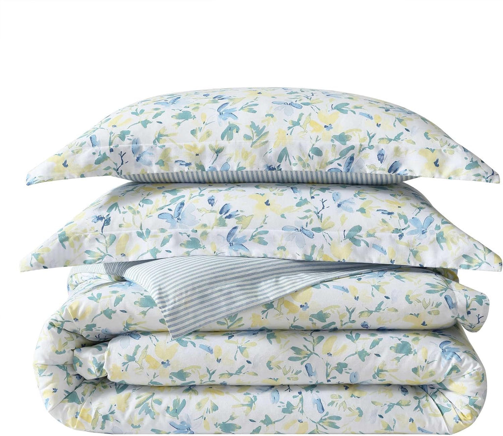 Laura Ashley - Twin Comforter, Soft Reversible Bedding Set, Includes Matching Shams with Bonus Euro Shams & Throw Pillows, Dorm Room Essentials (Nora Blue, Twin)