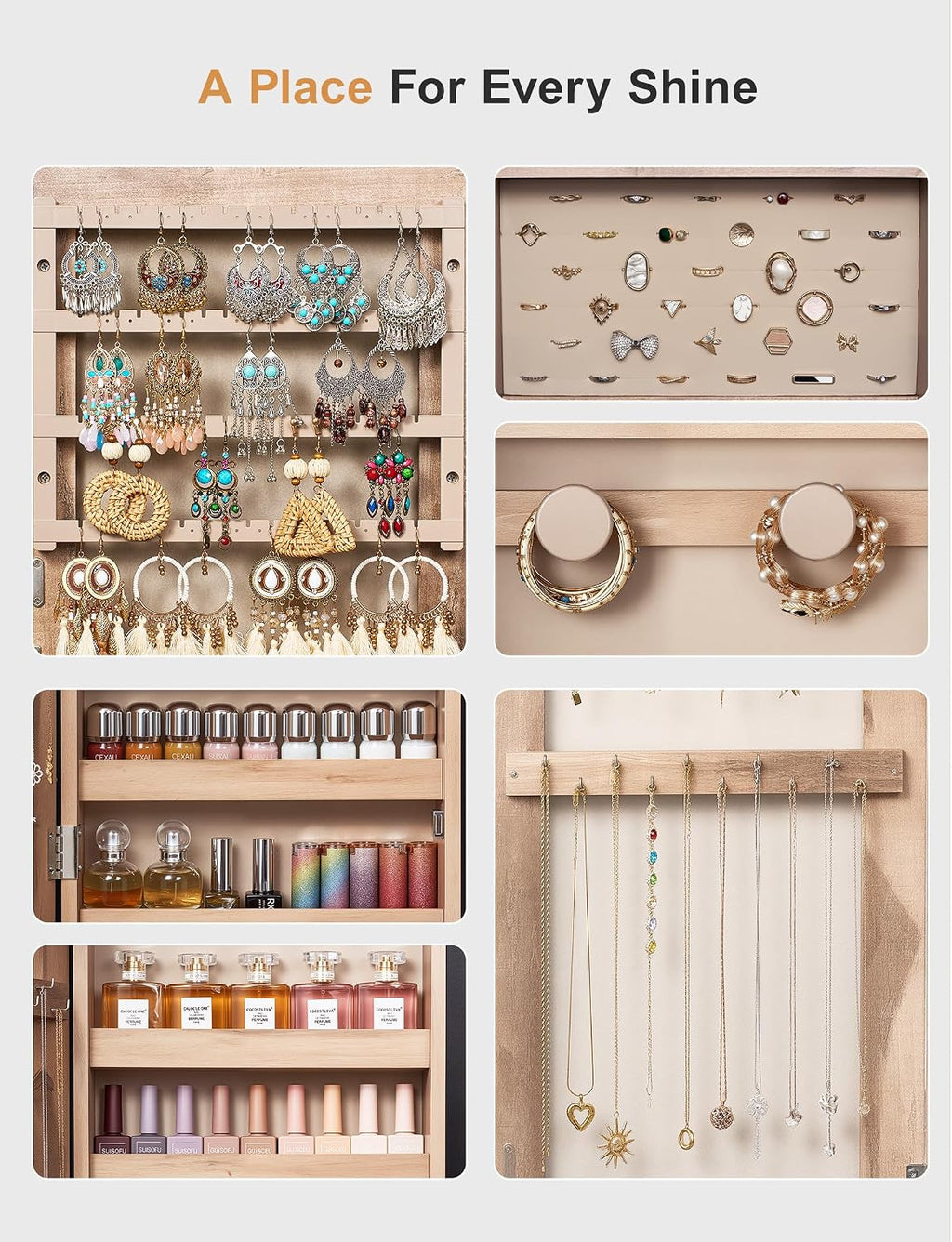 Nicetree Jewelry Cabinet Armoire with 2 Drawers,Standing Jewelry Mirror Cabinet, Full Length Mirror with Jewelry Storage, Lockable Jewelry Organizer with Mirror,Toasted Oak