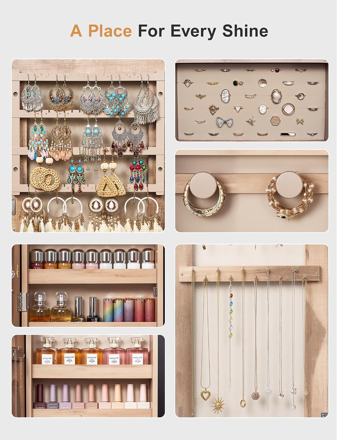 Nicetree Jewelry Cabinet Armoire with 2 Drawers,Standing Jewelry Mirror Cabinet, Full Length Mirror with Jewelry Storage, Lockable Jewelry Organizer with Mirror,Toasted Oak