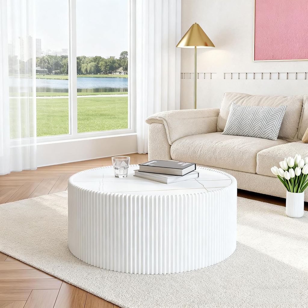 29.52' White Round Coffee Table, Drum Coffee Table with Sintered Stone Tabletop and Fluted PU Leather Covered and Stable Base, Circle Cocktail Tea Table for Living Room