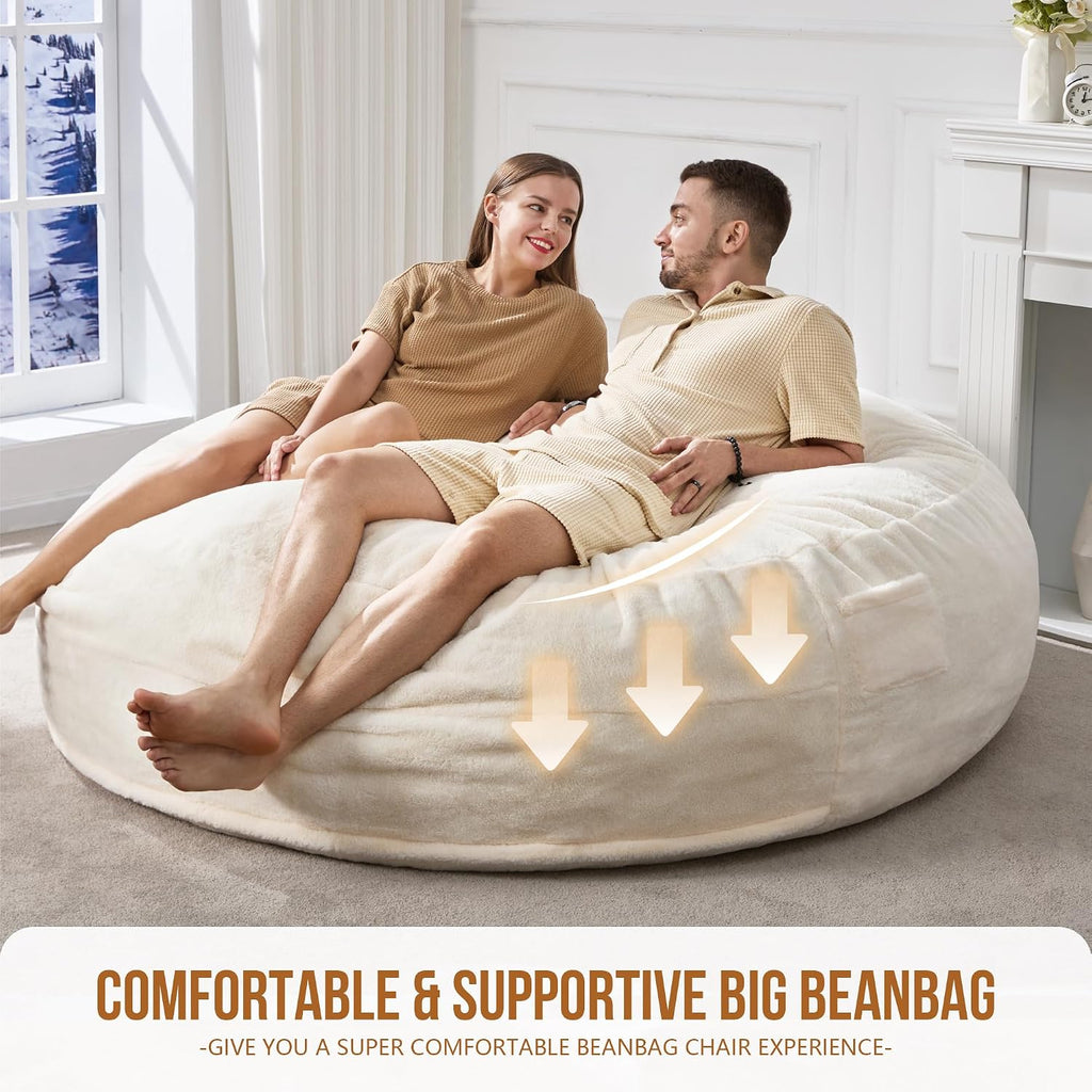 Hobestluk 6ft Bean Bag Chairs for Adults Large Beanbag Chair with Plush Faux Fur Cover Big Bean Bag Chair for Living Room Bedroom Dorm Office - White (70' x 70' x 15')