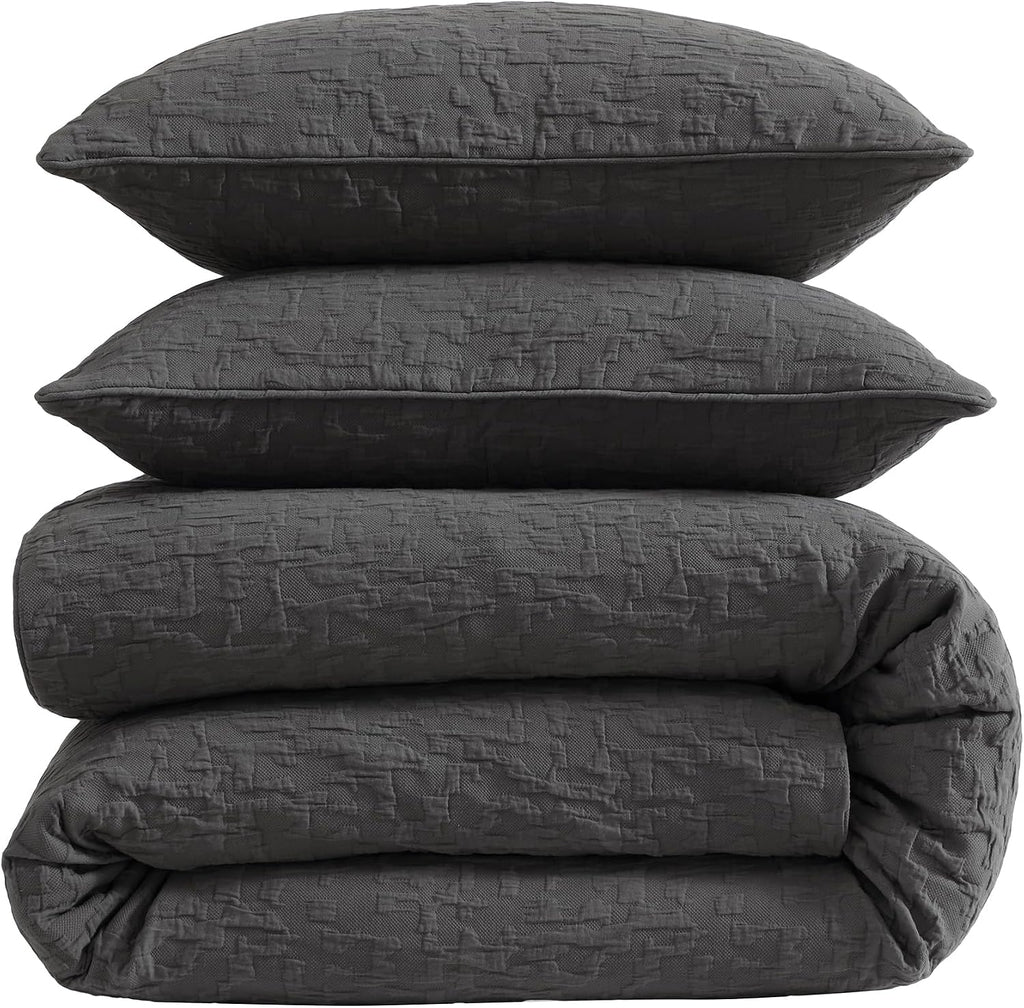 HiEnd Accents Porto Matelassé 3 Piece Duvet Cover Set with Pillow Shams, Queen Size, Cotton Charcoal Gray Textured Modern Boho Chic Casual Luxury Bedding, 1 Comforter Cover, 2 Pillowcases