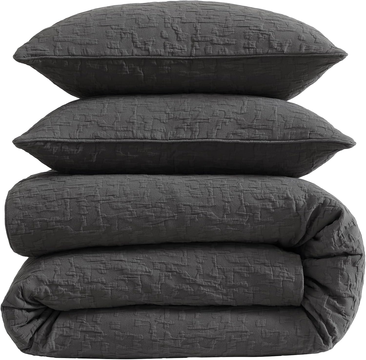 HiEnd Accents Porto Matelassé 3 Piece Duvet Cover Set with Pillow Shams, Queen Size, Cotton Charcoal Gray Textured Modern Boho Chic Casual Luxury Bedding, 1 Comforter Cover, 2 Pillowcases