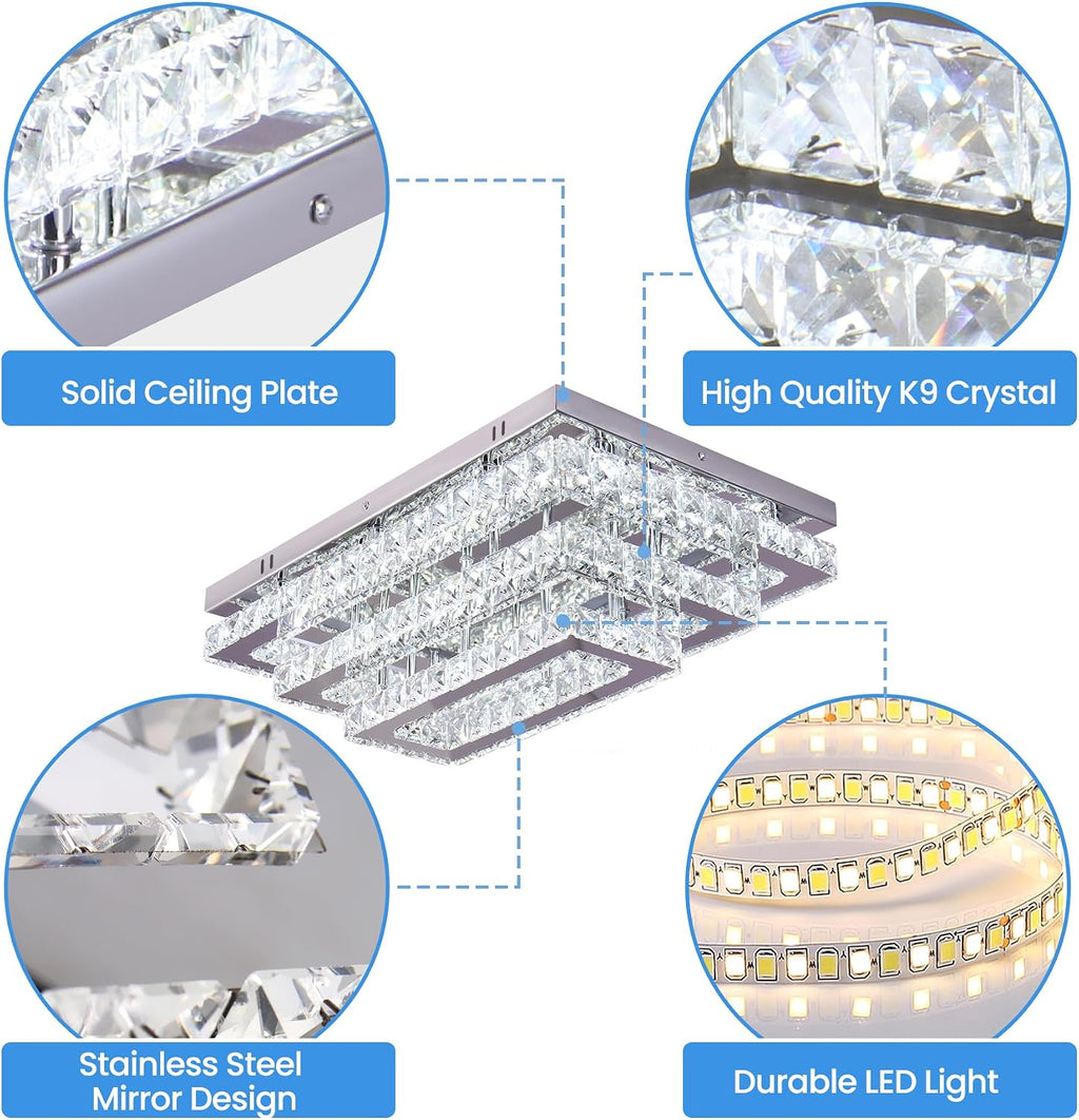 Finktonglan Modern Crystal LED Ceiling Light Fixtures 20' Dimmable Rectangular Flush Mount Chandelier Ceiling Lights 3-Tiers Stainless Steel Ceiling Lamp Fixtures for Living Room Bedroom Dining Room
