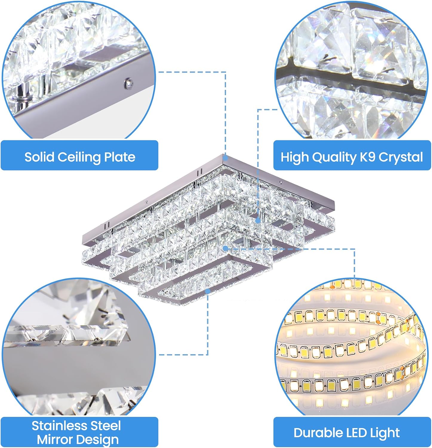 Finktonglan Modern Crystal LED Ceiling Light Fixtures 20' Dimmable Rectangular Flush Mount Chandelier Ceiling Lights 3-Tiers Stainless Steel Ceiling Lamp Fixtures for Living Room Bedroom Dining Room