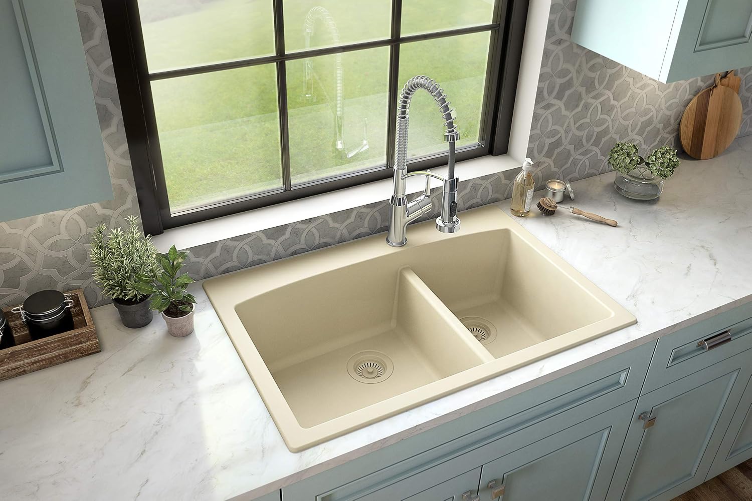 Karran QT-711 Drop-In Quartz Composite 33 in. 1-Hole 60/40 Double Bowl Kitchen Sink in Bisque