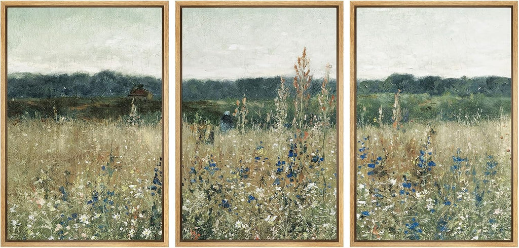 SIGNWIN Framed Canvas Print Wall Art Set Pastoral Fields Rustic Wildflower Countryside Floral Landscape Illustrations Modern Colorful Ultra for Living Room, Bedroom, Office - 24'x36'x3 Natural