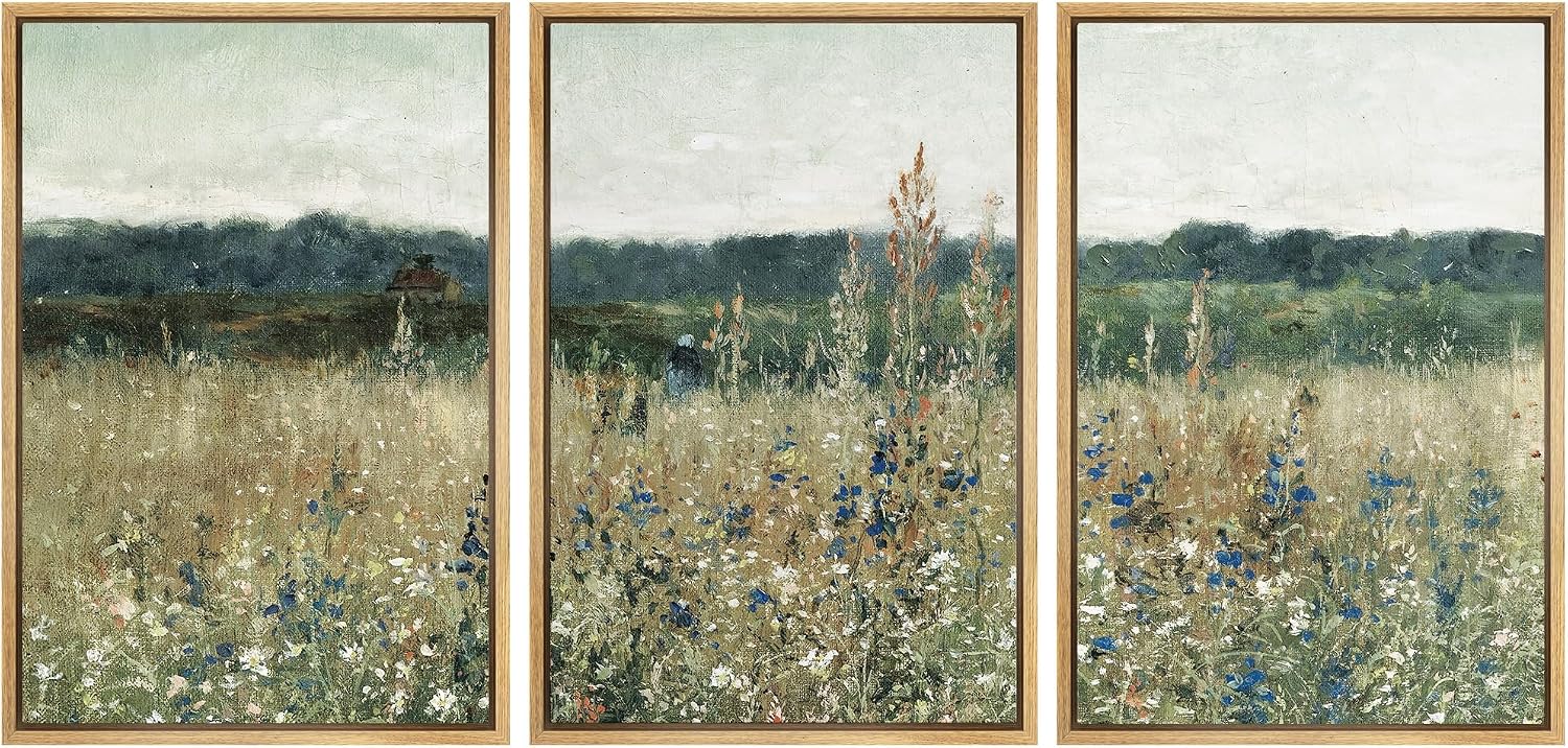 SIGNWIN Framed Canvas Print Wall Art Set Pastoral Fields Rustic Wildflower Countryside Floral Landscape Illustrations Modern Colorful Ultra for Living Room, Bedroom, Office - 24'x36'x3 Natural