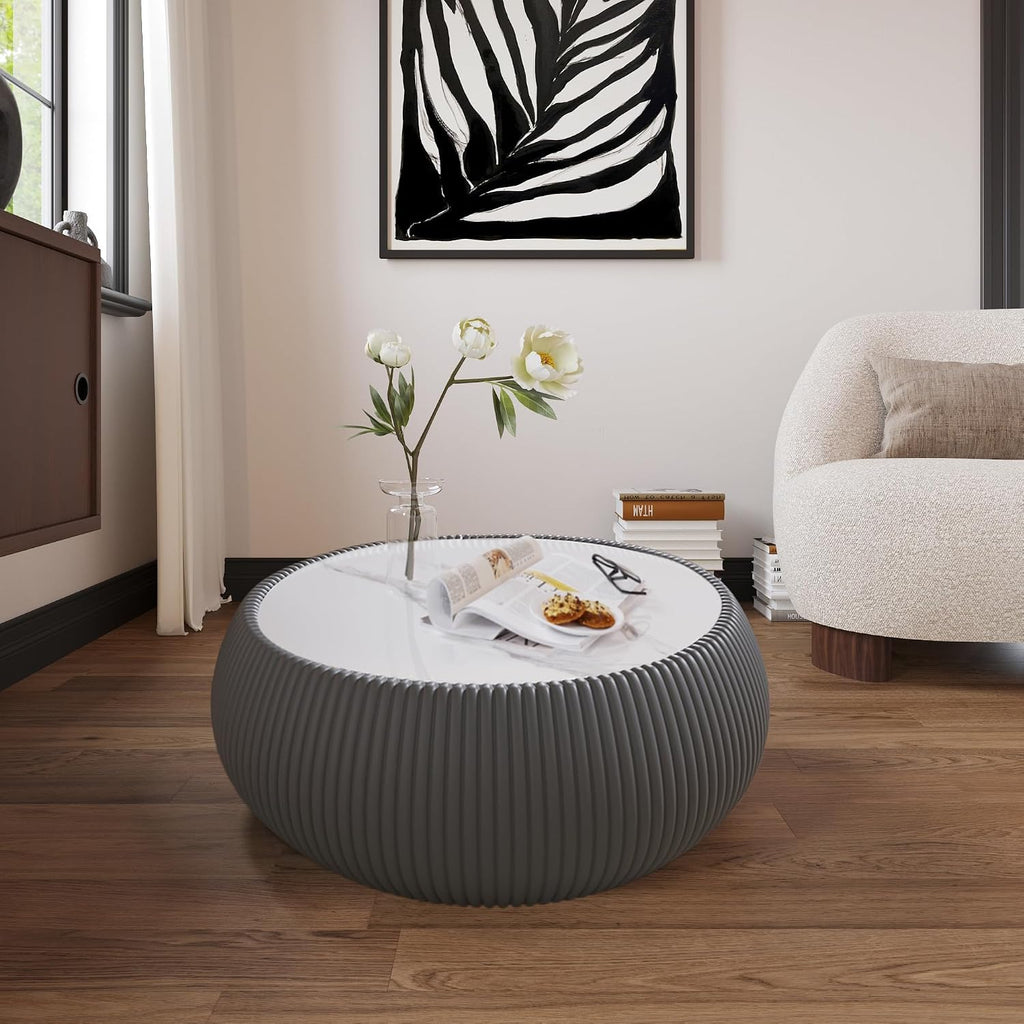 Grey Round Coffee Table, 27.55' Drum Coffee Table with Sintered Stone Tabletop and Fluted PU Leather Covered and Stable Base, Circle Cocktail Tea Table for Living Room