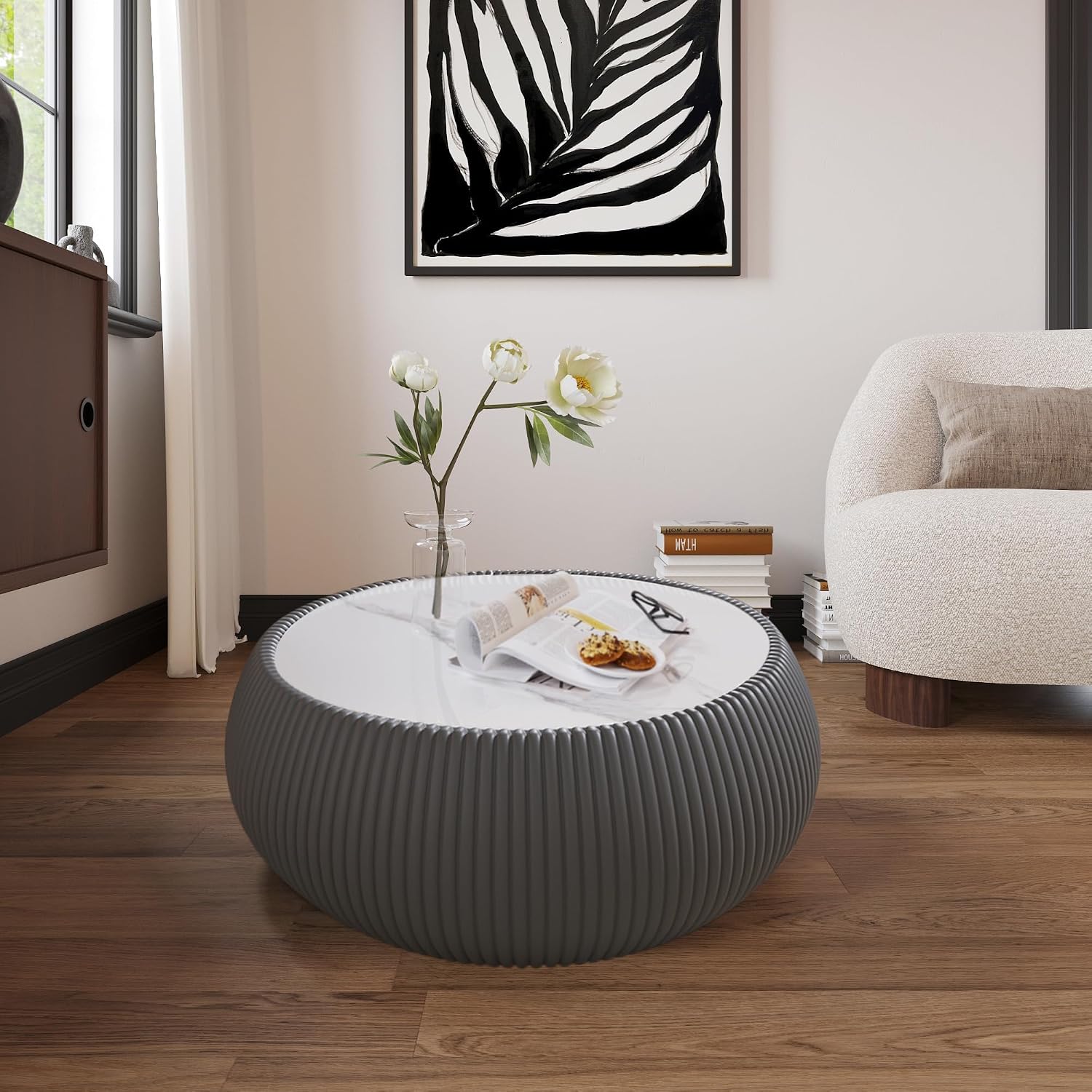 Grey Round Coffee Table, 27.55' Drum Coffee Table with Sintered Stone Tabletop and Fluted PU Leather Covered and Stable Base, Circle Cocktail Tea Table for Living Room