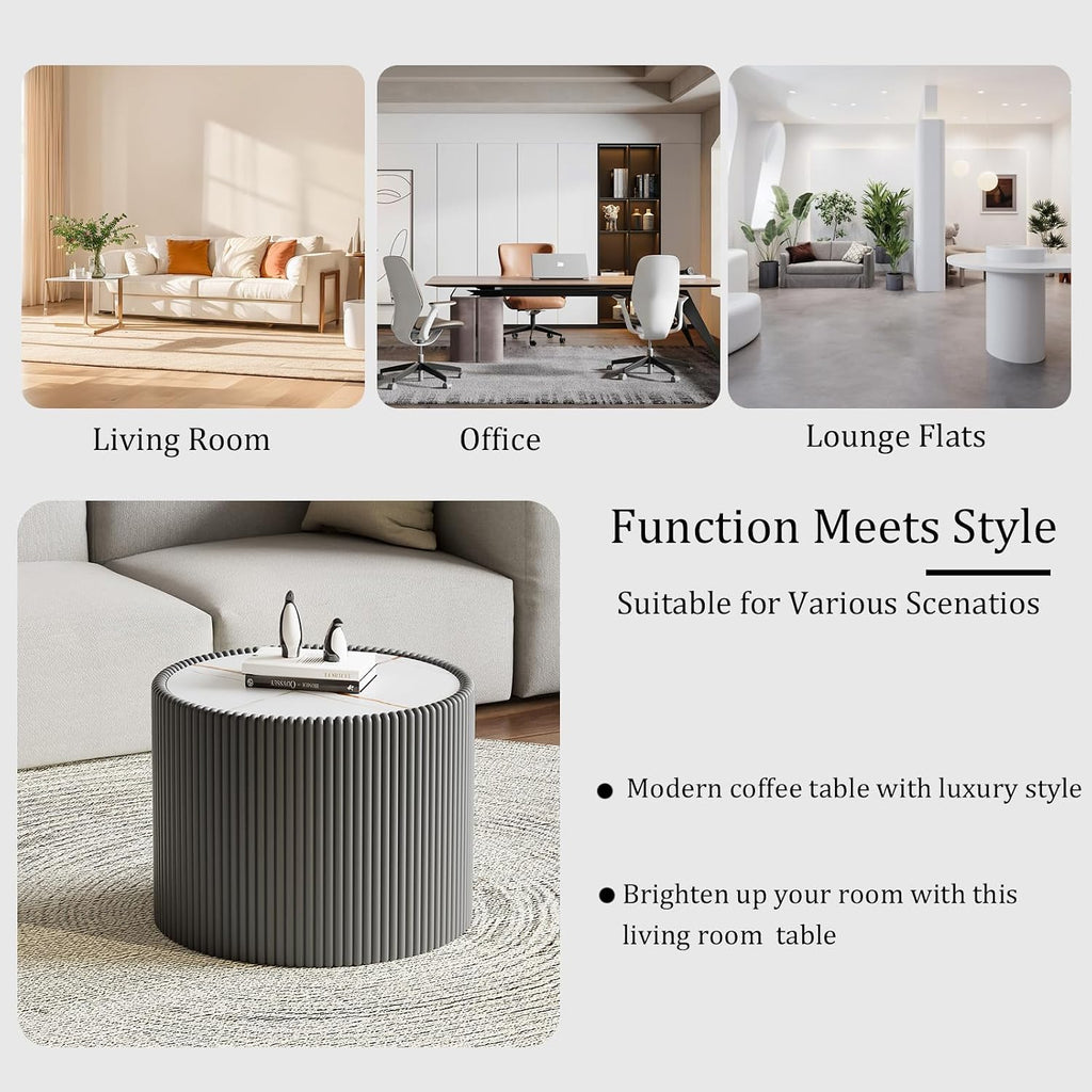 Round Coffee Table Set, 29.52' Black Drum Center Table and 17.71' Grey Coffee Table Set, 2 Pieces Living Room Table Set with Sintered Stone Tabletop, Fluted PU Leather Covered and Stable Base