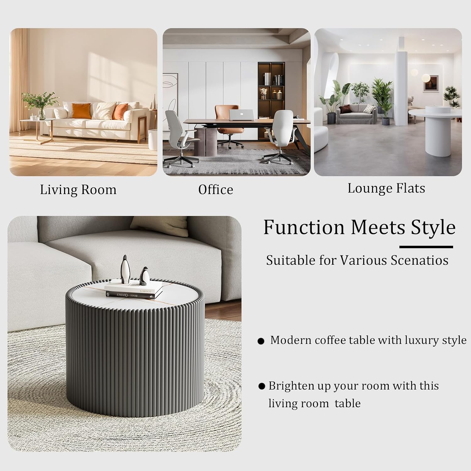 Round Coffee Table Set, 29.52' Grey Drum Center Table and 17.71' Grey Coffee Table Set, 2 Pieces Living Room Table Set with Sintered Stone Tabletop,Fluted PU Leather Covered and Stable Base