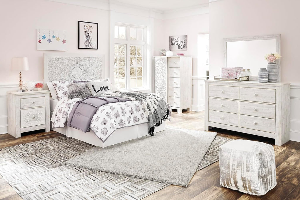 Signature Design by Ashley Paxberry Boho 5 Drawer Dressing Chest with Slider Door & 3 Adjustable Shelves, Whitewash