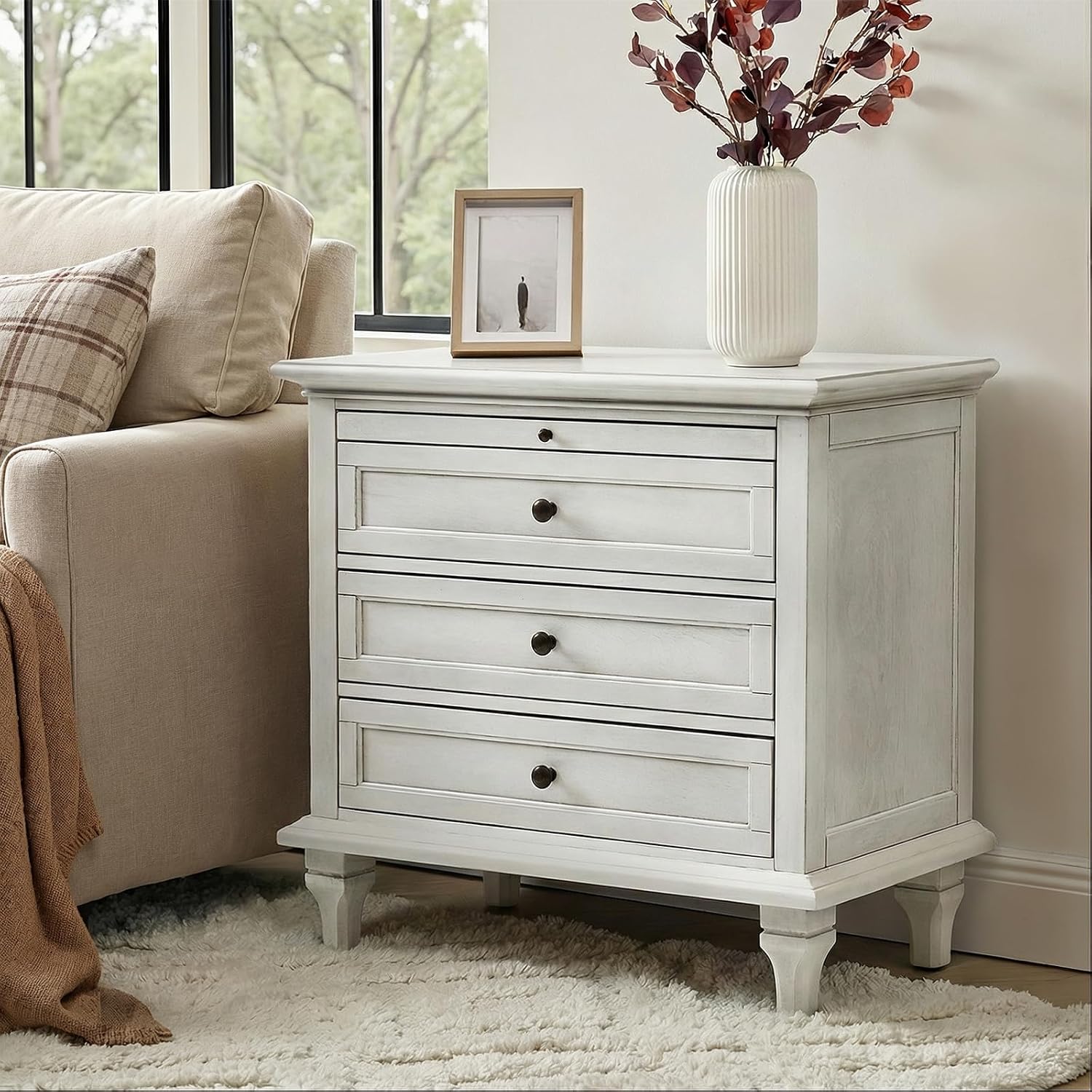HULALA HOME Farmhouse 3 Drawer End Table with Tray, Drawer Organizer with Solid Wood Legs, End Table with Charging Station（White）