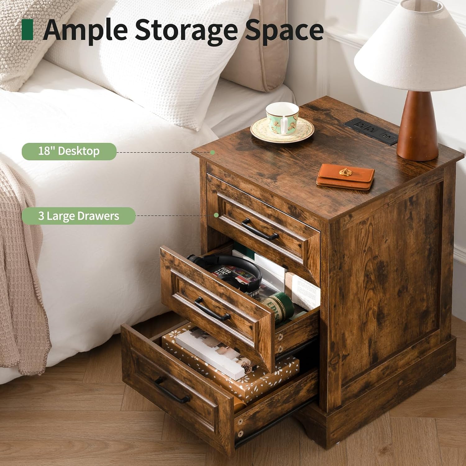 Farmhouse Nightstand with Charging Station- Wood Night Stand Set 2, 3 Drawer Nightstands Set of 2, Bedside Table with Storage, Rustic Night Stands for Bedroom, Closet, 18' Wide, 24' Tall